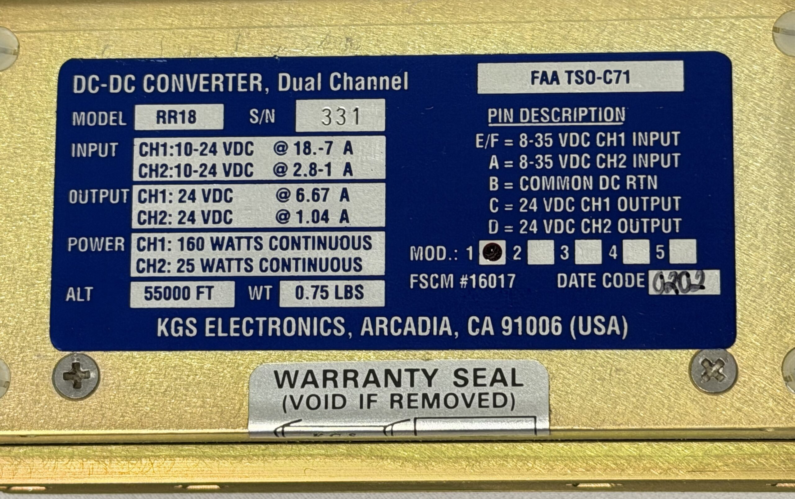 KGS Electronics / Textron Aviation Dual-Channel DC-DC Converter - Image 3